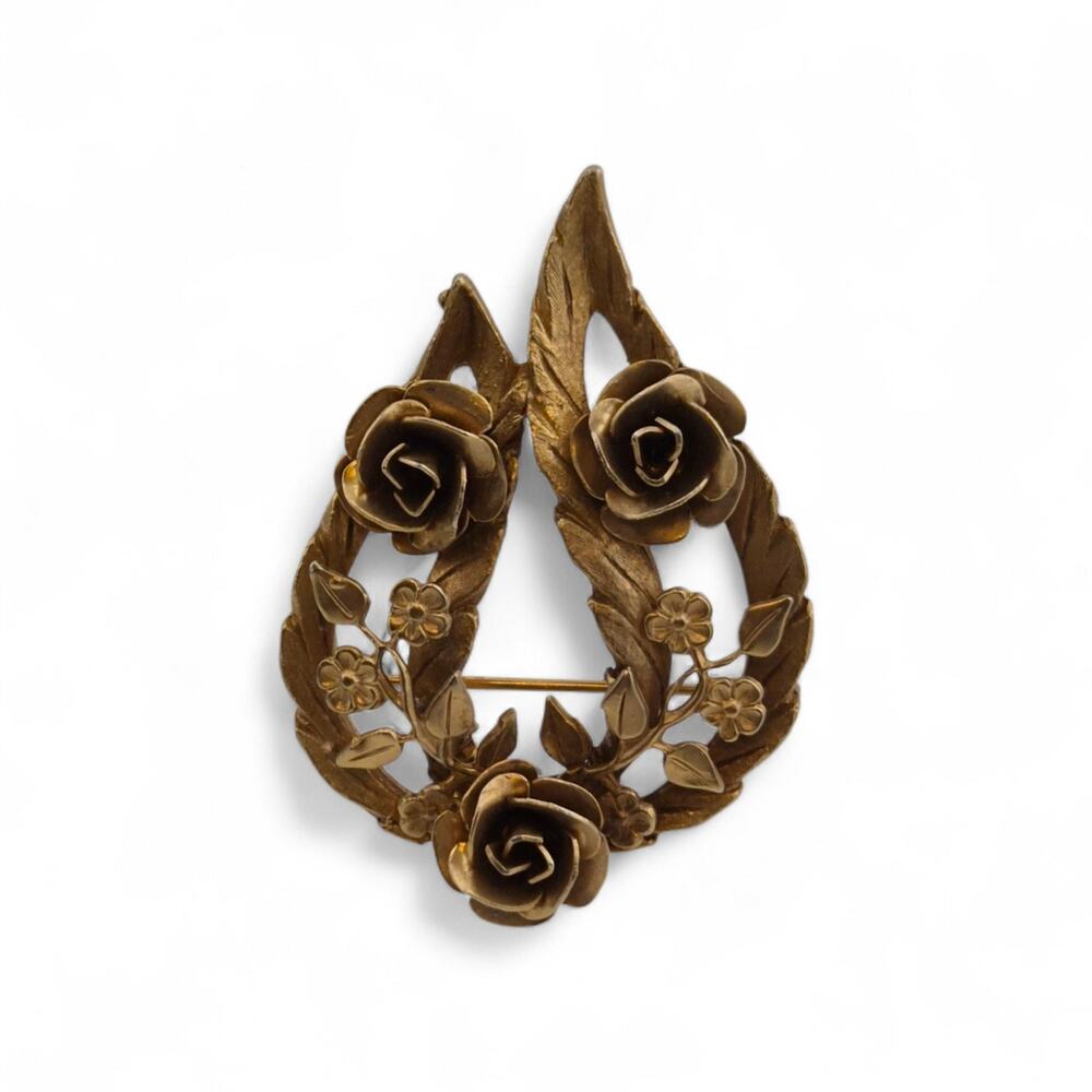Vintage Gold Tone Rose Floral Brooch Large Statement Pin
